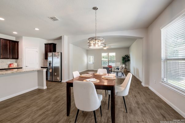 Dining room, Interior, Kitchen, Pendant Lights, Recessed Lighting, Wood Texture Flooring