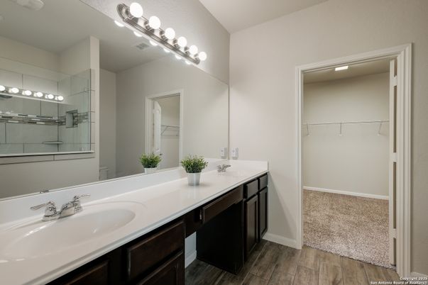 Bathroom, Dual Sink Vanities, Interior, Walk-in Closets, Wood Texture Flooring