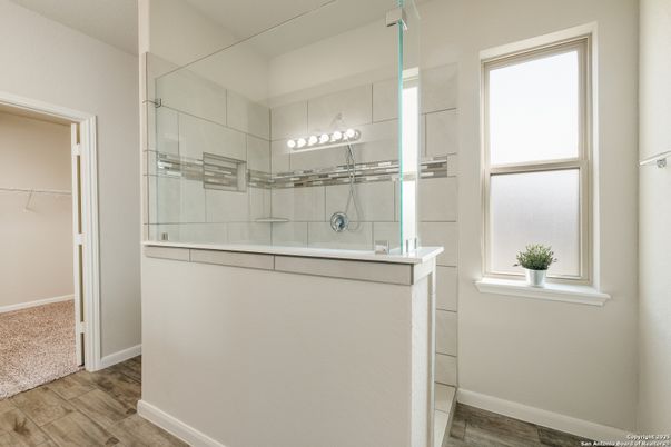 Bathroom, Glass Shower, Interior, Wood Texture Flooring