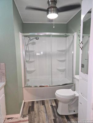 Bathroom, Glass Shower, Interior, Wood Texture Flooring