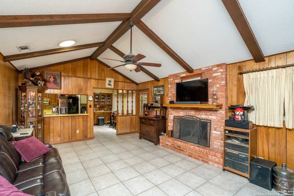 Fireplace, Interior, Living room, Recessed Lighting, Wooden Beams, Wooden Walls