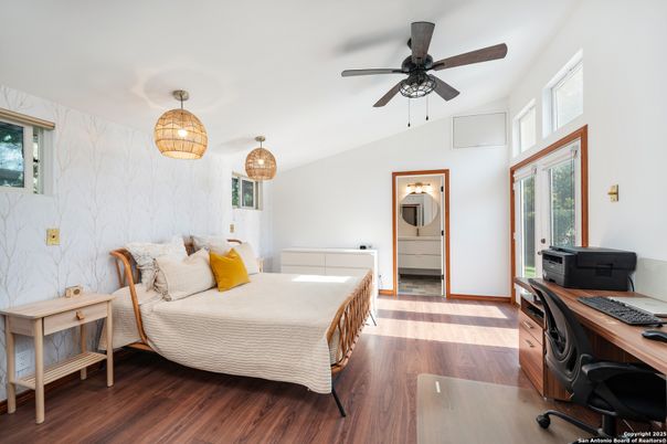 Bedroom, Home Office, Interior, Pendant Lights, Wood Texture Flooring