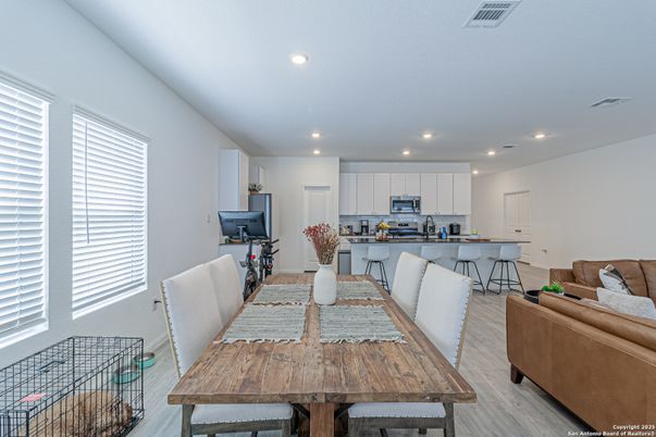 Dining room, Interior, Kitchen, Recessed Lighting, Stainless Steel Appliances, Wood Texture Flooring