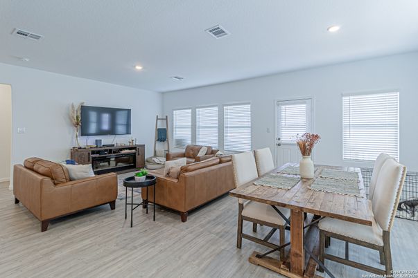 Dining room, Interior, Living room, Recessed Lighting, Wood Texture Flooring