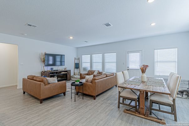 Dining room, Interior, Living room, Recessed Lighting, Wood Texture Flooring