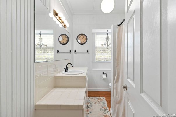 Bathroom, Dual Sink Vanities, Interior, Tile Countertops, Wood Texture Flooring