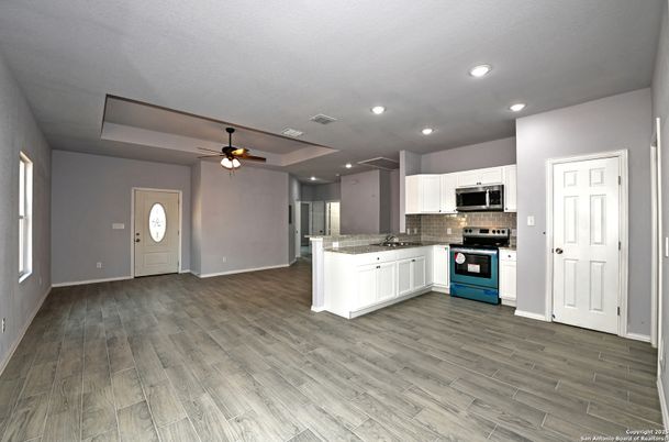 Interior, Kitchen, Recessed Lighting, Stainless Steel Appliances, Wood Texture Flooring