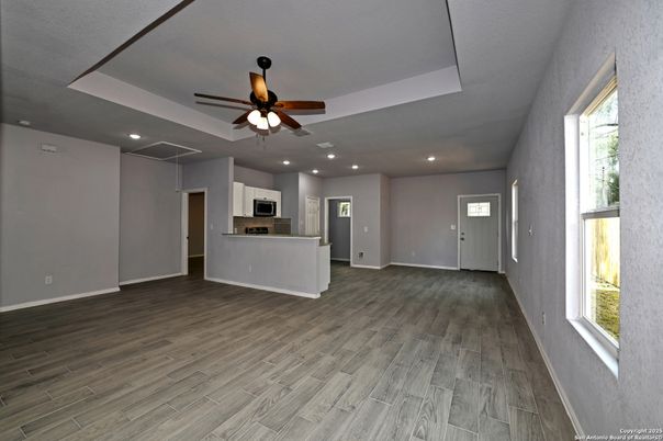 Empty room, Interior, Kitchen, Recessed Lighting, Wood Texture Flooring
