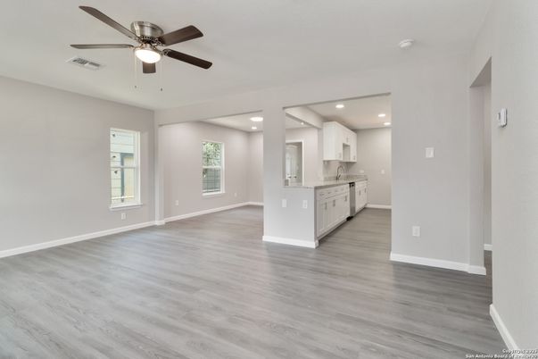 Empty room, Interior, Kitchen, Recessed Lighting, Wood Texture Flooring