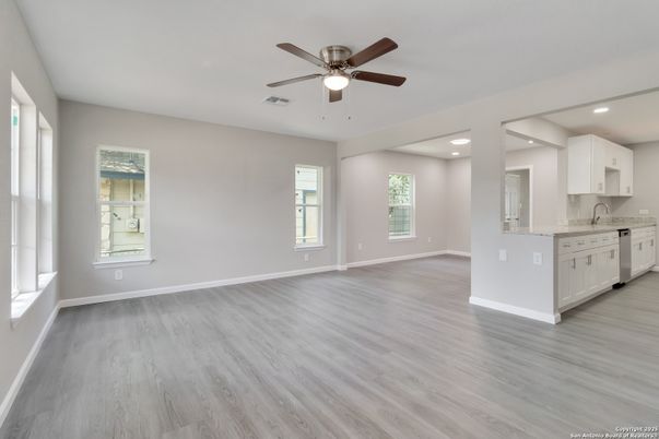 Empty room, Interior, Kitchen, Recessed Lighting, Wood Texture Flooring