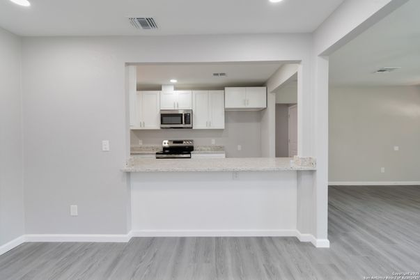 Interior, Kitchen, Recessed Lighting, Stainless Steel Appliances, Wood Texture Flooring