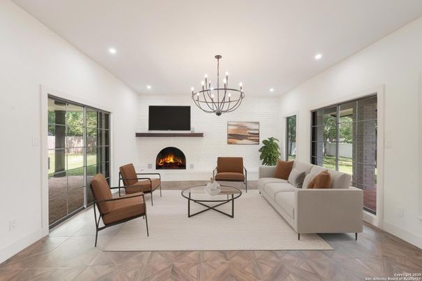 Chandelier, Fireplace, Interior, Living room, Recessed Lighting, Wood Texture Flooring