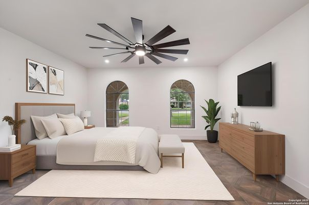 Bedroom, Interior, Recessed Lighting, Wood Texture Flooring