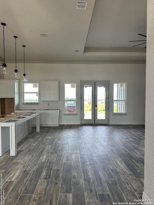 Empty room, Interior, Kitchen, Pendant Lights, Recessed Lighting, Wood Texture Flooring