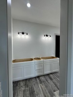 Bathroom, Dual Sink Vanities, Interior, Recessed Lighting, Wood Texture Flooring