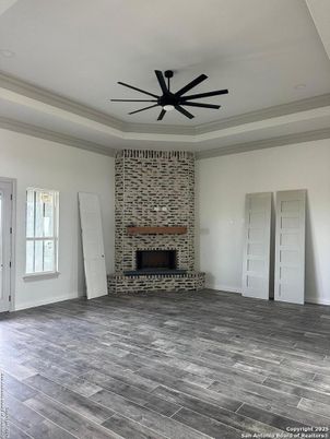 Empty room, Fireplace, Interior, Stone Walls, Wood Texture Flooring