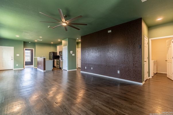 Empty room, Interior, Kitchen, Recessed Lighting, Wood Texture Flooring