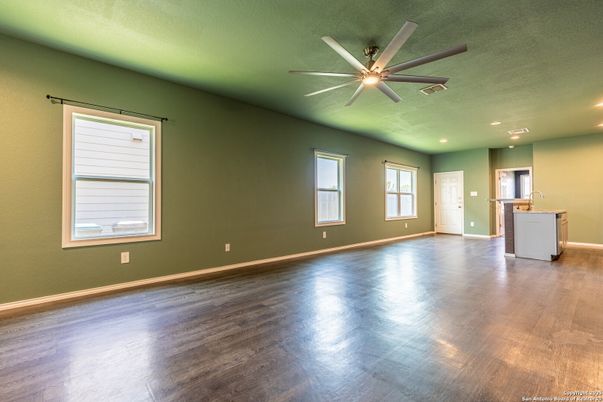 Empty room, Interior, Kitchen, Recessed Lighting, Wood Texture Flooring