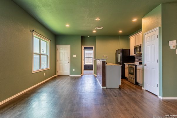 Empty room, Interior, Kitchen, Recessed Lighting, Wood Texture Flooring
