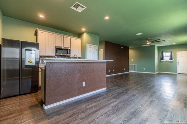 Empty room, Interior, Kitchen, Recessed Lighting, Wood Texture Flooring