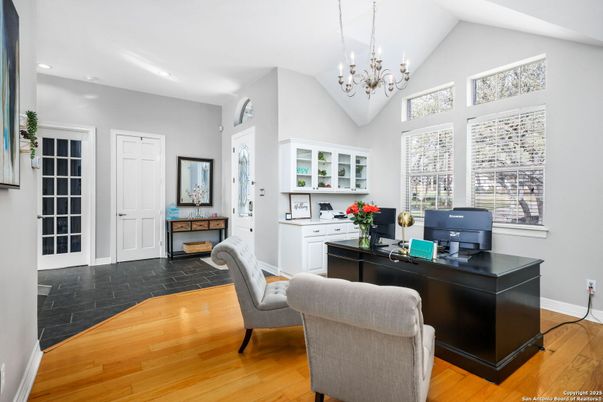 Chandelier, Home Office, Interior, Recessed Lighting, Wood Texture Flooring