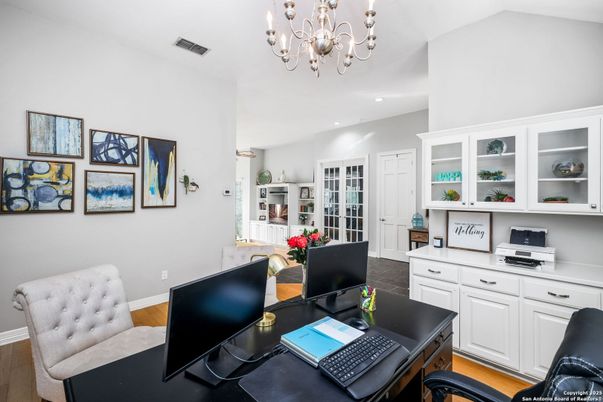 Chandelier, Home Office, Interior, Recessed Lighting, Wood Texture Flooring