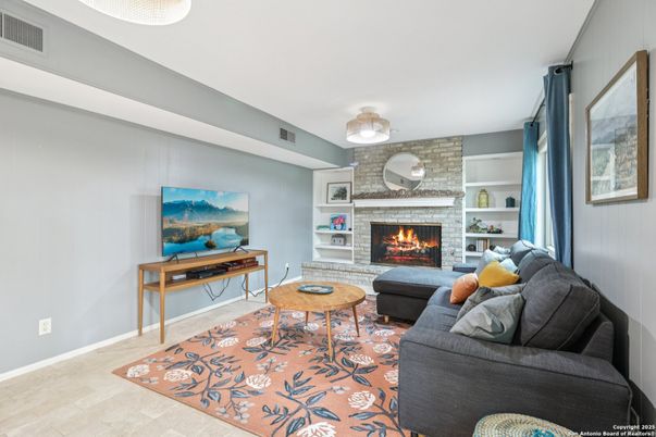 Fireplace, Interior, Living room, Stone Walls, Wood Texture Flooring