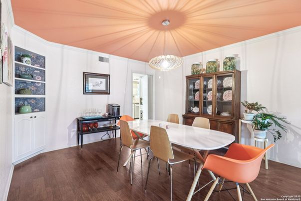 Dining room, Interior, Pendant Lights, Wood Texture Flooring