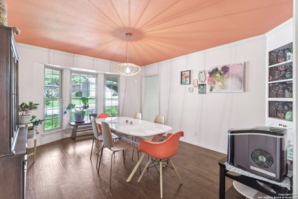 Dining room, Interior, Pendant Lights, Wood Texture Flooring