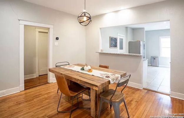 Dining room, Interior, Pendant Lights, Wood Texture Flooring