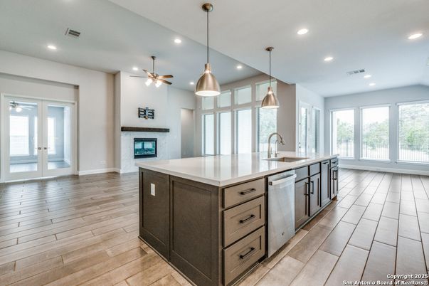 Fireplace, Interior, Kitchen, Pendant Lights, Recessed Lighting, Wood Texture Flooring
