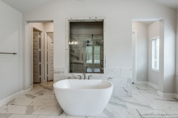Bathroom, Free Standing Baths, Glass Shower, Interior, Marble, Marble Walls