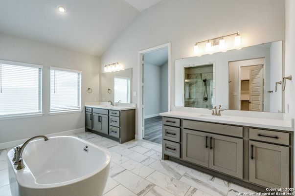 Bathroom, Dual Sink Vanities, Free Standing Baths, Interior, Marble, Recessed Lighting