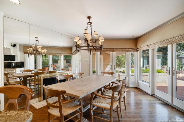 Chandelier, Dining room, Interior, Wood Texture Flooring
