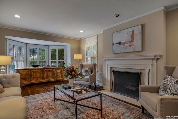 Fireplace, Interior, Living room, Recessed Lighting, Wood Texture Flooring