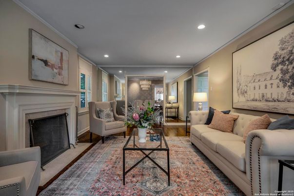 Fireplace, Interior, Living room, Recessed Lighting, Wood Texture Flooring