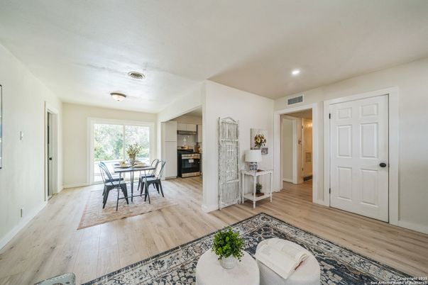 Dining room, Interior, Kitchen, Recessed Lighting, Wood Texture Flooring