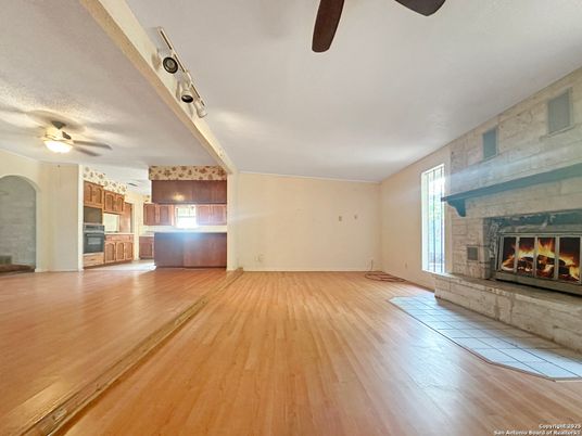 Empty room, Fireplace, Interior, Kitchen, Wood Texture Flooring