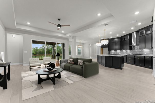 Chandelier, Interior, Kitchen, Living room, Pendant Lights, Recessed Lighting, Stainless Steel Appliances, Wood Texture Flooring