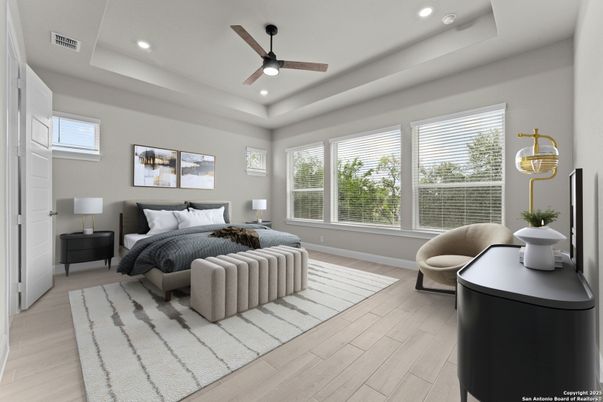 Bedroom, Interior, Recessed Lighting, Wood Texture Flooring
