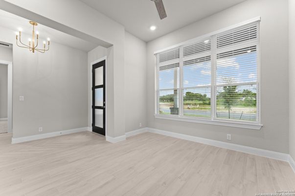 Chandelier, Empty room, Interior, Recessed Lighting, Wood Texture Flooring