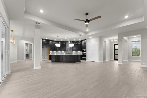Chandelier, Interior, Kitchen, Pendant Lights, Recessed Lighting, Wood Texture Flooring