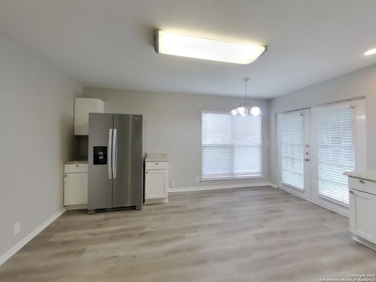 Chandelier, Empty room, Interior, Kitchen, Recessed Lighting, Wood Texture Flooring