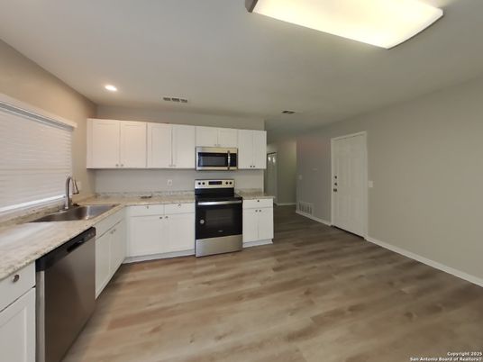 Interior, Kitchen, Recessed Lighting, Stainless Steel Appliances, Wood Texture Flooring