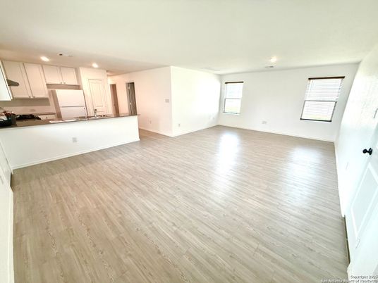 Empty room, Interior, Kitchen, Recessed Lighting, Wood Texture Flooring