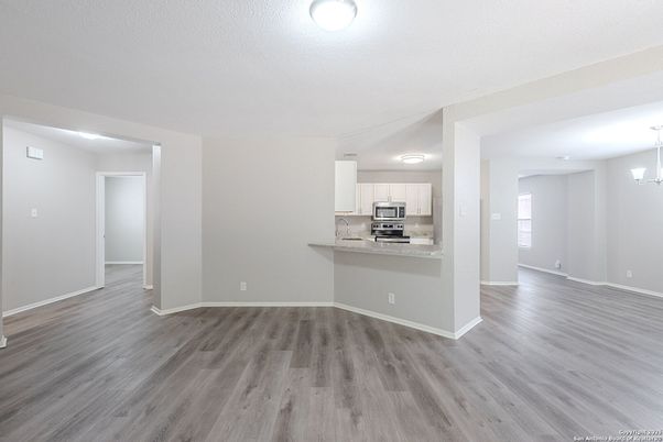 Empty room, Interior, Kitchen, Stainless Steel Appliances, Wood Texture Flooring