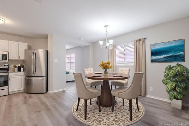 Chandelier, Dining room, Interior, Kitchen, Pendant Lights, Stainless Steel Appliances, Wood Texture Flooring