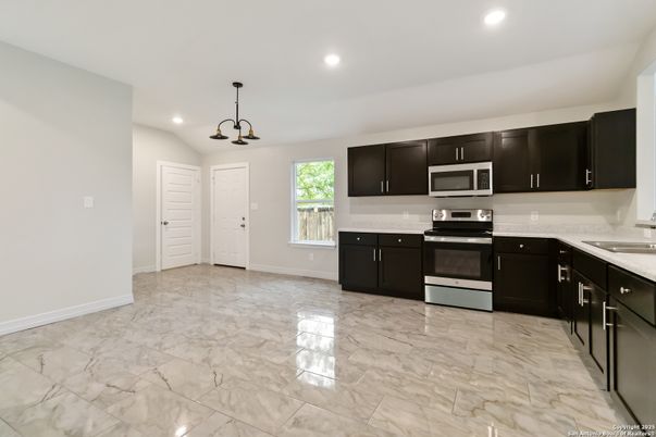 Interior, Kitchen, Marble, Pendant Lights, Recessed Lighting, Stainless Steel Appliances