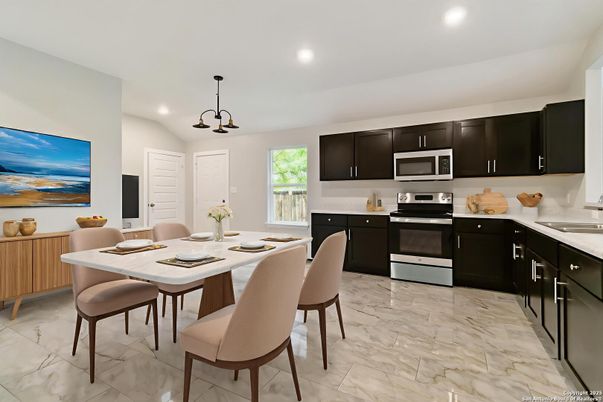 Dining room, Interior, Kitchen, Marble, Pendant Lights, Recessed Lighting, Stainless Steel Appliances