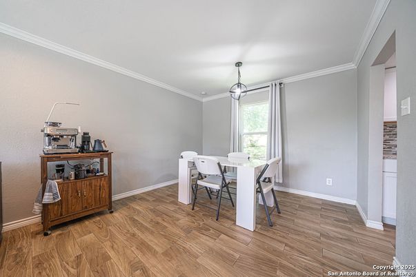 Dining room, Interior, Pendant Lights, Wood Texture Flooring
